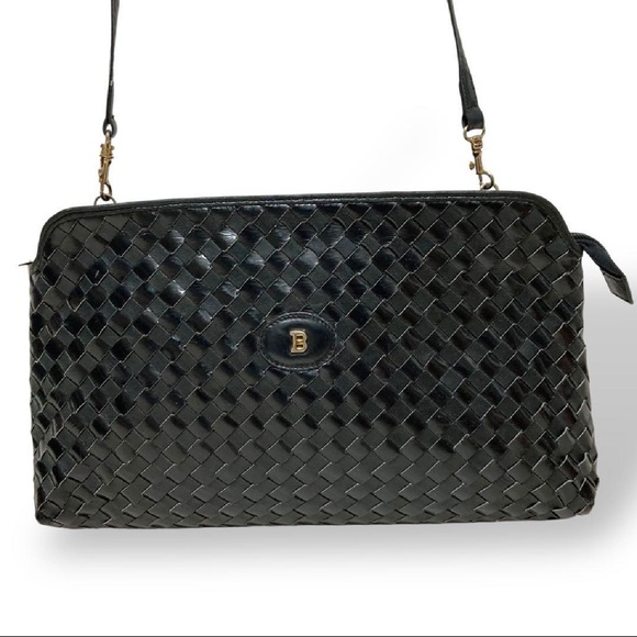 Bally Black Woven Leather Crossbody Shoulder Bag Gold Logo Italy STRONG BUY - Picture 3 of 7